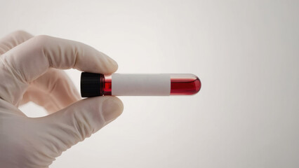 Gloved hand holding blood sample in tube for medical research or laboratory analysis looking for biomarkers and diagnostic testing to improve healthcare