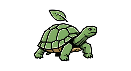 Green turtle with a leaf on its shell.