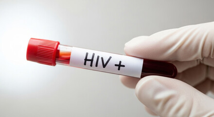 Positive HIV blood test sample held by gloved hand for medical research, raising awareness and promoting prevention strategies in healthcare settings