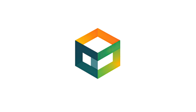 Abstract pixelated cube design, vibrant colors on black background