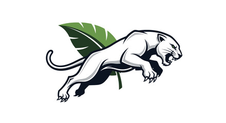 Dynamic White Panther with Green Leaf Wings Logo Design.