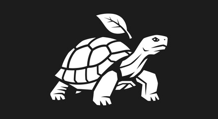 White Turtle Silhouette with Leaf on Black Background.