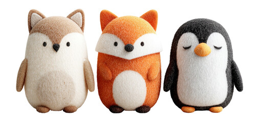 Cute Plush Animals in Soft Colors and Unique Shapes on Transparent Background