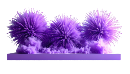 Purple pom-poms burst in smoke on a platform