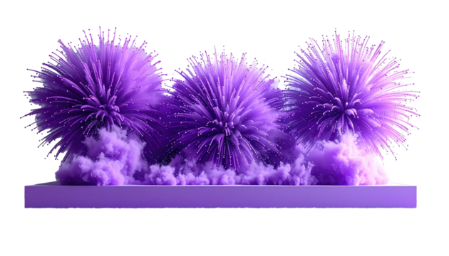 Purple pom-poms burst in smoke on a platform