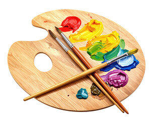 Wooden artist's palette with colorful paint and paintbrushes