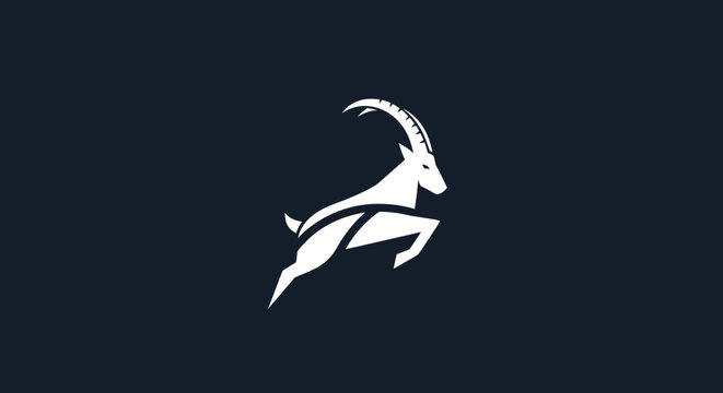 Minimalist white jumping ibex logo on dark background.
