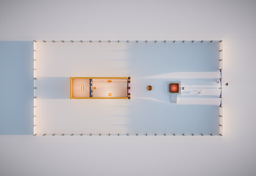 Sanctuary top view, plain background, showing the placements of the furniture inside the wilderness tabernacle built in the time of Moses, Biblical imagery, book of Exodus. 3d illustration