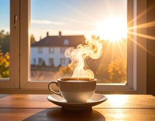 Steaming coffee cup by window at sunrise/sunset