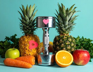 Healthy spread with fruits, veggies, dumbbell, and hearts