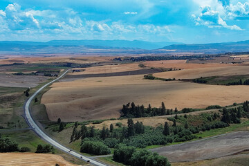 drone photo of US Highway 95 near Cottonwood in Idaho County showing harvested farm fields and the Camas Prairie