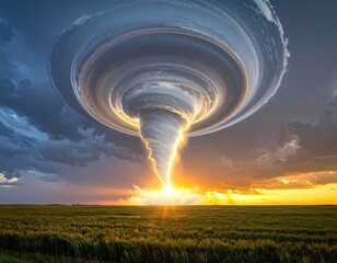 Swirling vortex of clouds descends over sunlit golden field