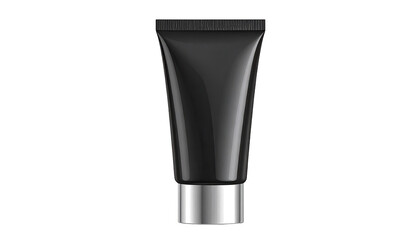 A matte black cosmetic tube with a metallic silver cap
