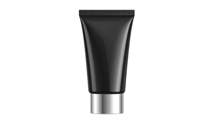 A matte black cosmetic tube with a metallic silver cap