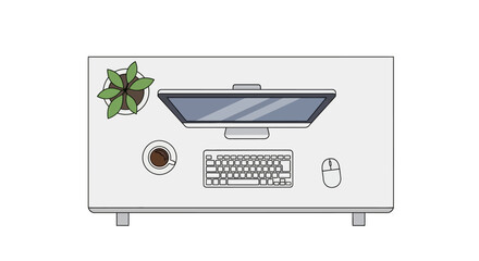Obraz premium Modern minimalist workspace setup with computer plant coffee and peripherals illustration