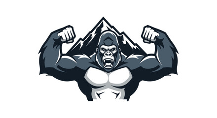 Strong Gorilla Flexing Muscles with Mountain Background Symbolizing Power and Strength.
