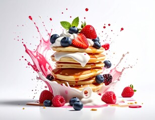 Stack of pancakes with berries and cream in a colorful splash