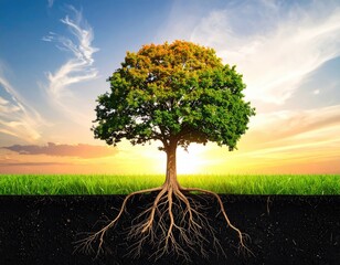 Tree with roots exposed beneath grass against sunset
