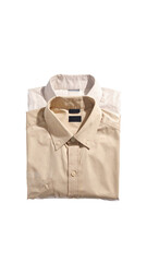 Two folded, light-colored shirts, one beige, one white, layered.  Collared, button-down style