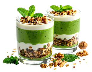 Two layered green smoothie parfaits topped with granola, nuts, and mint