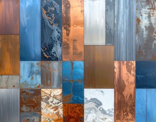 Varied metal panels show textures, colors, and patterns