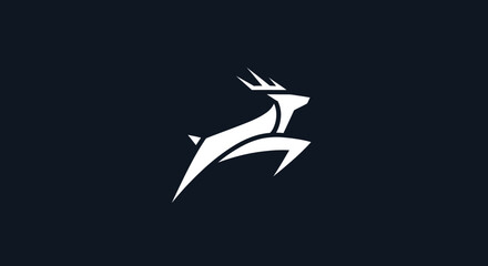 Elegant white deer logo leaping forward on a dark background.