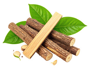 A pile of light and dark brown wooden sticks, some whole and some broken, nestled amongst bright green leaves