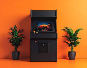 Black arcade cabinet, plants, orange wall. Pop of retro!