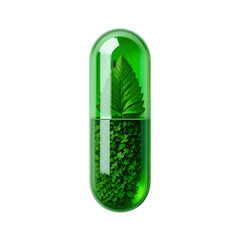 Green capsule with leaf and herbs natural medicine concept isolated on white