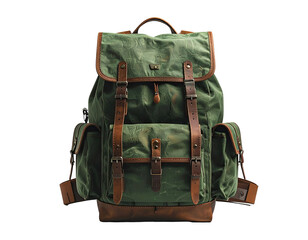 A green canvas backpack with brown leather accents