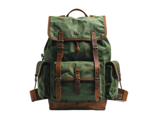 A green canvas backpack with brown leather accents