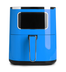 Blue air fryer isolated on white. Modern kitchen appliance