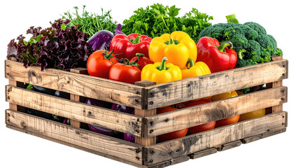 Wooden crate overflowing with vibrant fresh produce.  Colorful mix of peppers, tomatoes, eggplant, leafy greens, and broccoli