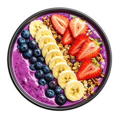 Purple smoothie bowl topped with fresh fruit