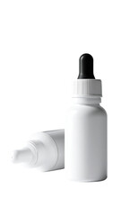 Two white plastic bottles, one with a dropper top, the other with a nozzle tip, angled in a studio shot