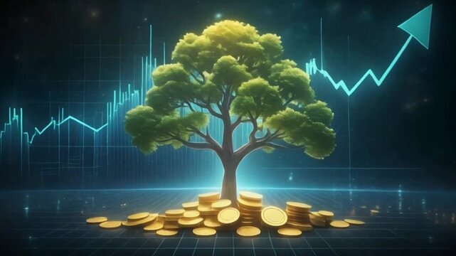 The concept of financial growth and sustainable investment, a money tree growing from a pile of gold coins against the backdrop of a rising stock market chart, symbolizes business success and future