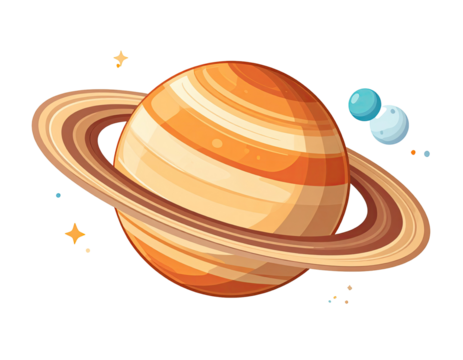 Cartoon planet with rings and other celestial bodies
