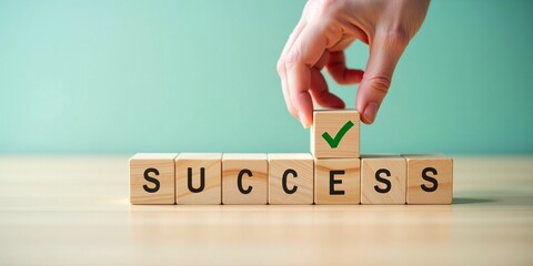 Business success and goal achievement concept. Hand places final wooden block with a green check mark on top