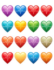 A grid of twelve glossy, multicolored hearts, each with a stylized heartbeat graphic inside.  Bright colors create a vibrant display