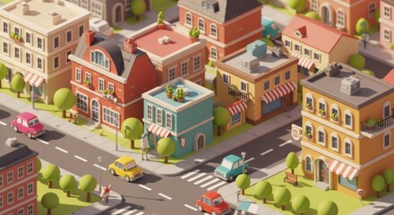 Naklejka premium Colorful Miniature Town Scene with Neighborhood Buildings and Streets