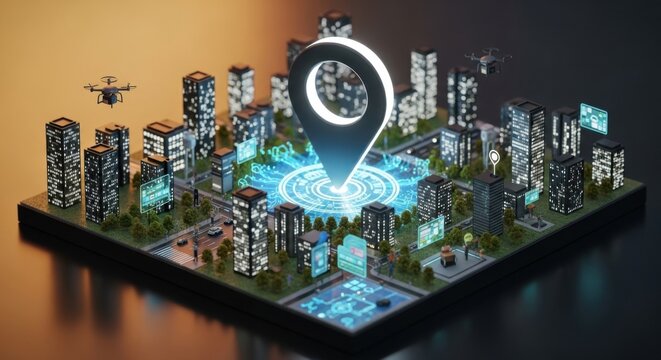 Futuristic Digital City Model with Holographic Map and Drone Technology in Smart Urban Environment