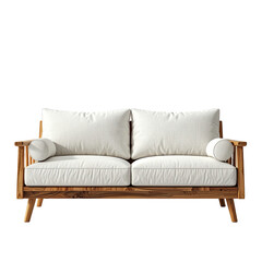 A light-colored wooden sofa with white cushions