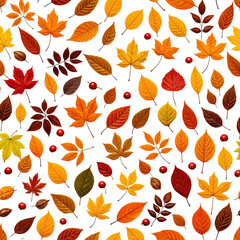 Colorful autumn leaves, berries scattered over black background. Seamless pattern