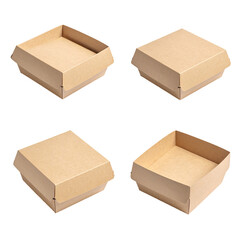 Four kraft paper food containers, showing open and closed states