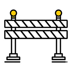 Simple black and white graphic of a road closure barrier.  The barrier has diagonal white stripes, yellow lights, and sturdy support posts
