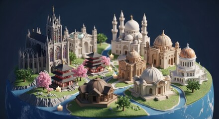 Obraz premium Miniature Model of Famous World Landmark Structures with Pink Cherry Blossom Trees and Green Landscaping