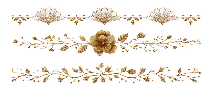 Elegant Floral Border with Shell Motifs and Gold Accents on Transparent Background