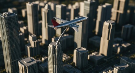 Model Airplane Flying Above City Skyscrapers in Urban Landscape