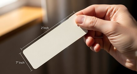 Hand holding blank tag with dimensions, product showcasing concept
