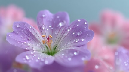 Macro Shot of Water Droplets on Lavender Flower Petals with Soft Pink Background in Cinematic HDR